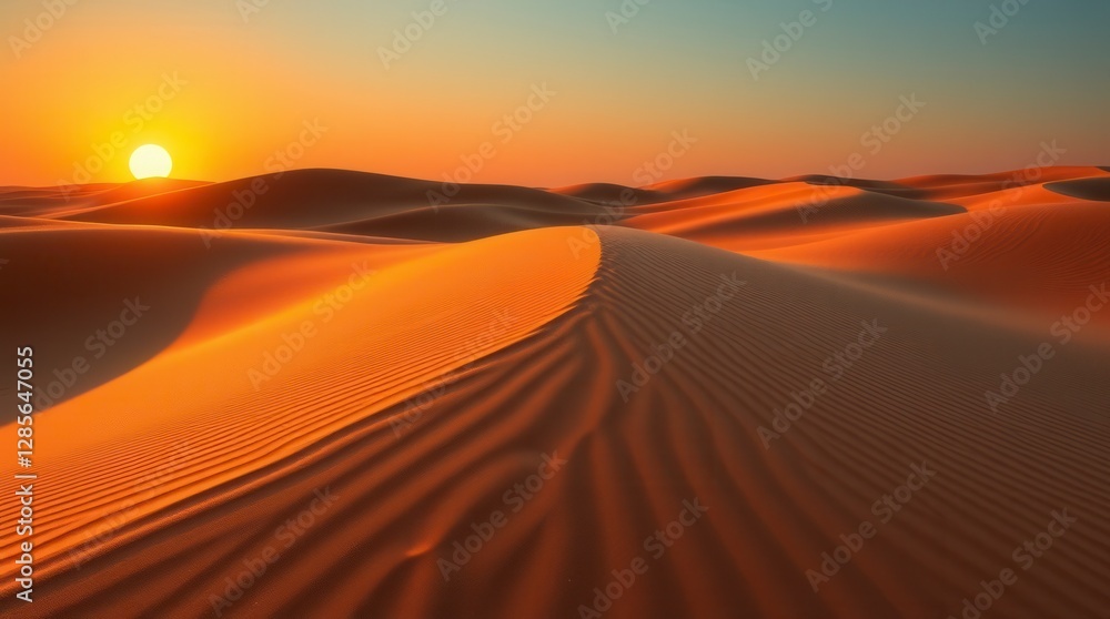 Naklejka premium Warm sunlight illuminates the rippled sand dunes, as the sun sets over the vast desert.