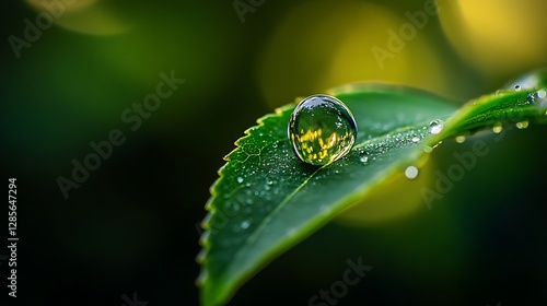 Water Drop on Green Leaf Close-up Reflecting Light and Nature