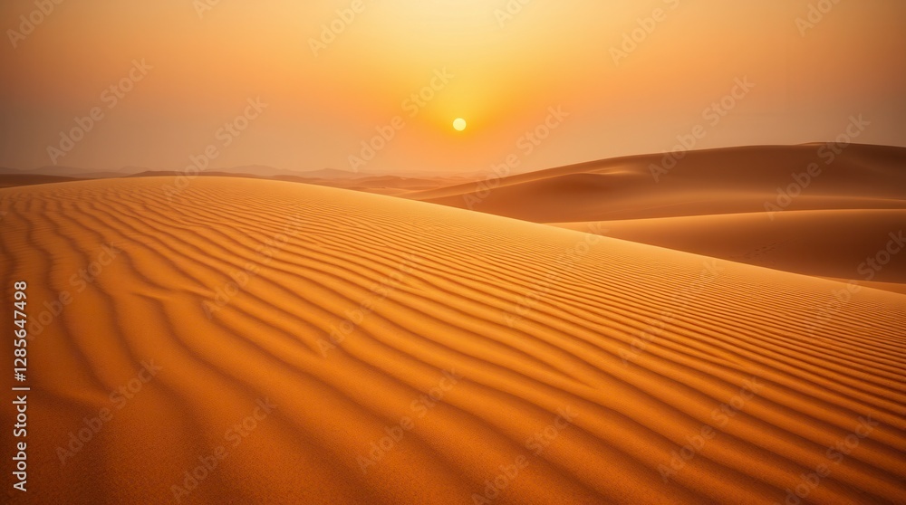Naklejka premium Golden sunlight bathes the undulating sand dunes of a vast desert at sunset, creating a peaceful vista.