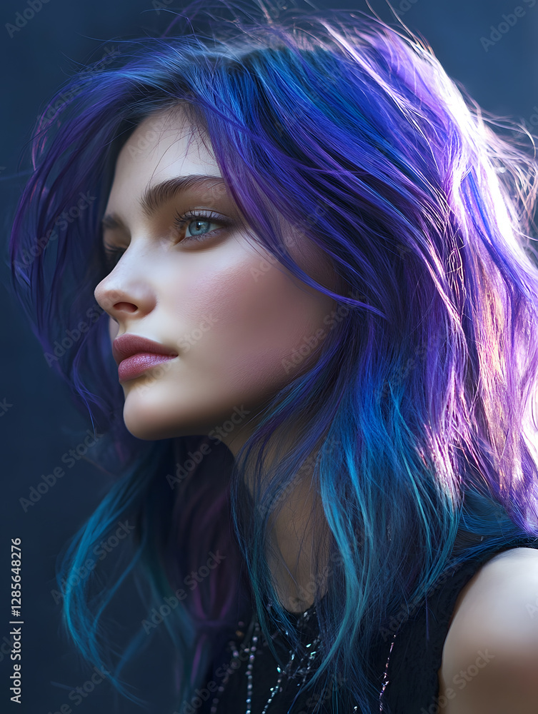 Elegant Portrait of Woman with Long Flowing Purple and Blue Hair : Generative AI Elegant Portrait of Woman with Long Flowing Purple and Blue Hair : Generative AI