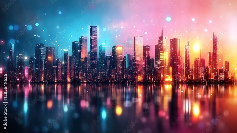 Fototapeta premium Vibrant Cityscape at Sunset Glowing Skyscrapers Reflecting on Water Modern City Architecture