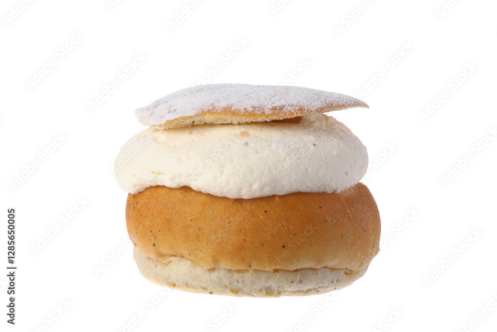 Swedish traditional cream semla, a shrove bun isolated on white background.