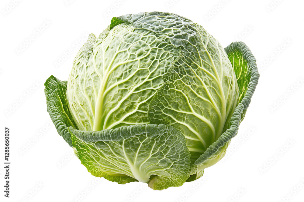 Fototapeta premium Whole green savoy cabbage with textured crinkled leaves isolated on transparent background. Concept of fresh organic vegetables and healthy eating