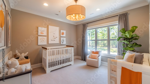 Elegant Modern Nursery Decor with Crib and Plush Toys in Sunny Room with Natural Light : Generative AI