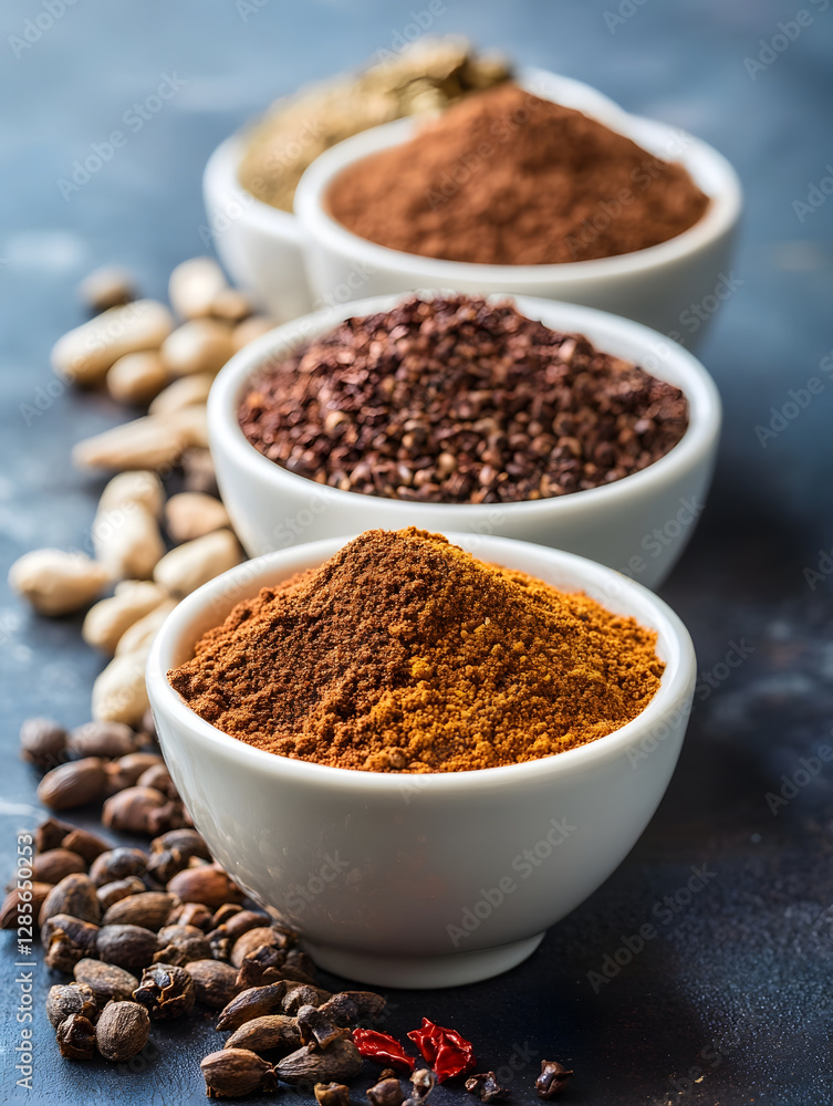 Aromatic Spices Assorted in White Bowls for Culinary Adventures and Seasoning Dishes : Generative AI Aromatic Spices Assorted in White Bowls for Culinary Adventures and Seasoning Dishes : Generative AI