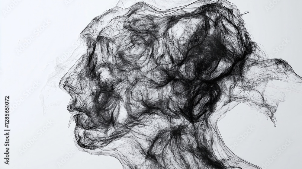 Fototapeta premium Digital Brain Interconnected Concept. Abstract profile of a face created with swirling black lines.