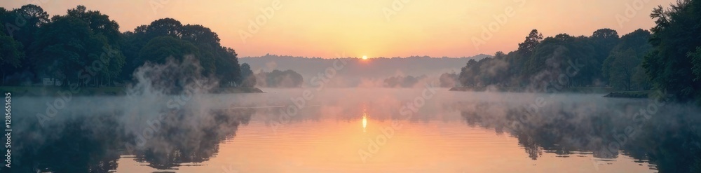 Naklejka premium Evening mist rising from the river Oka surface, peaceful scene, water