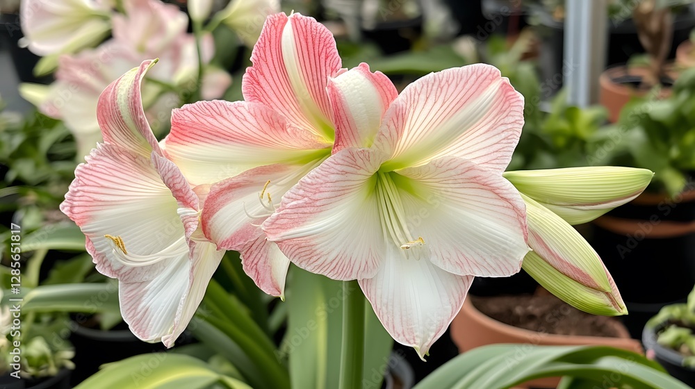 Beautiful Pink and White Amaryllis Flowers in a Greenhouse Setting Beautiful Pink and White Amaryllis Flowers in a Greenhouse Setting
