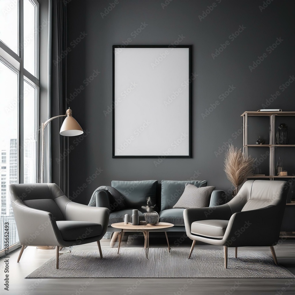 Fototapeta premium Grey living room interior with sofa and armchair, window and mockup poster