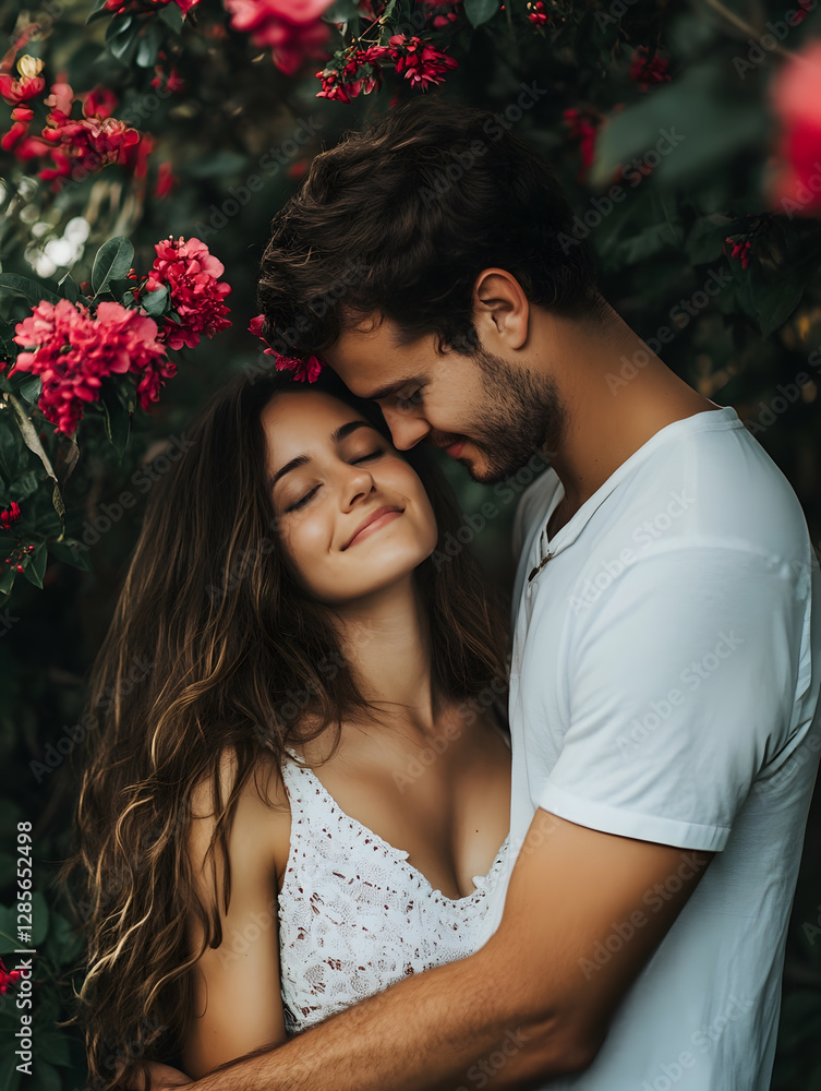 Romantic Couple Embracing Amidst Blooming Red Flowers : Generative AI Romantic Couple Embracing Amidst Blooming Red Flowers : Generative AI