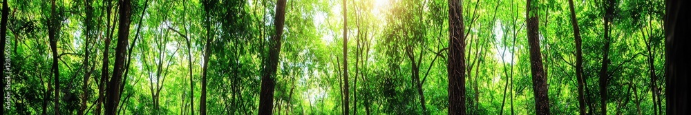 Fototapeta premium Lush Green Forest with Sunlight Streaming Through Tall Trees
