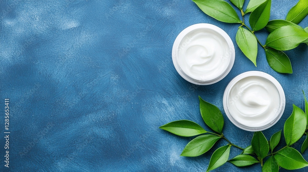 Two jars of cream on a blue background with green leaves Two jars of cream on a blue background with green leaves