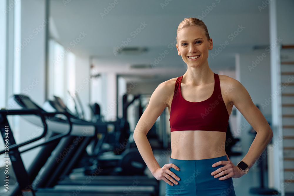Portrait of confident athletic woman in gym looking at camera. Portrait of confident athletic woman in gym looking at camera.