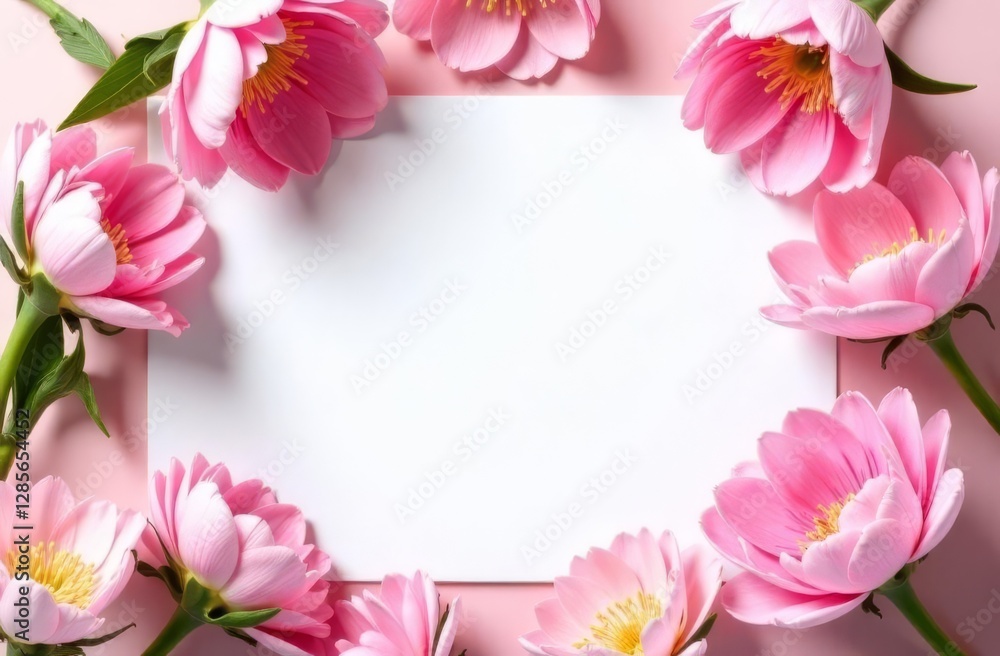 Spring card. Flowers located along the edge of a festive picture with an empty space for text for congratulations. Spring flowers and white blank sheet of paper Spring card. Flowers located along the edge of a festive picture with an empty space for text for congratulations. Spring flowers and white blank sheet of paper