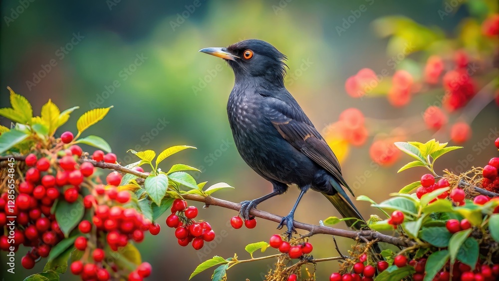 Fototapeta premium A Dark-Plumaged Bird Perched on a Branch Laden with Vibrant Red Berries in a Lush Natural Setting