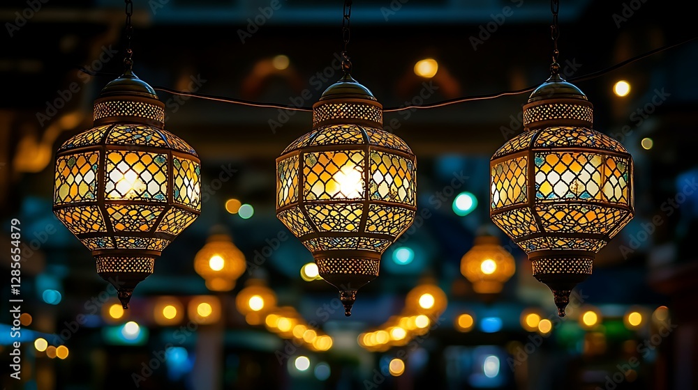 Fototapeta premium Hanging lanterns, night market, colorful lights