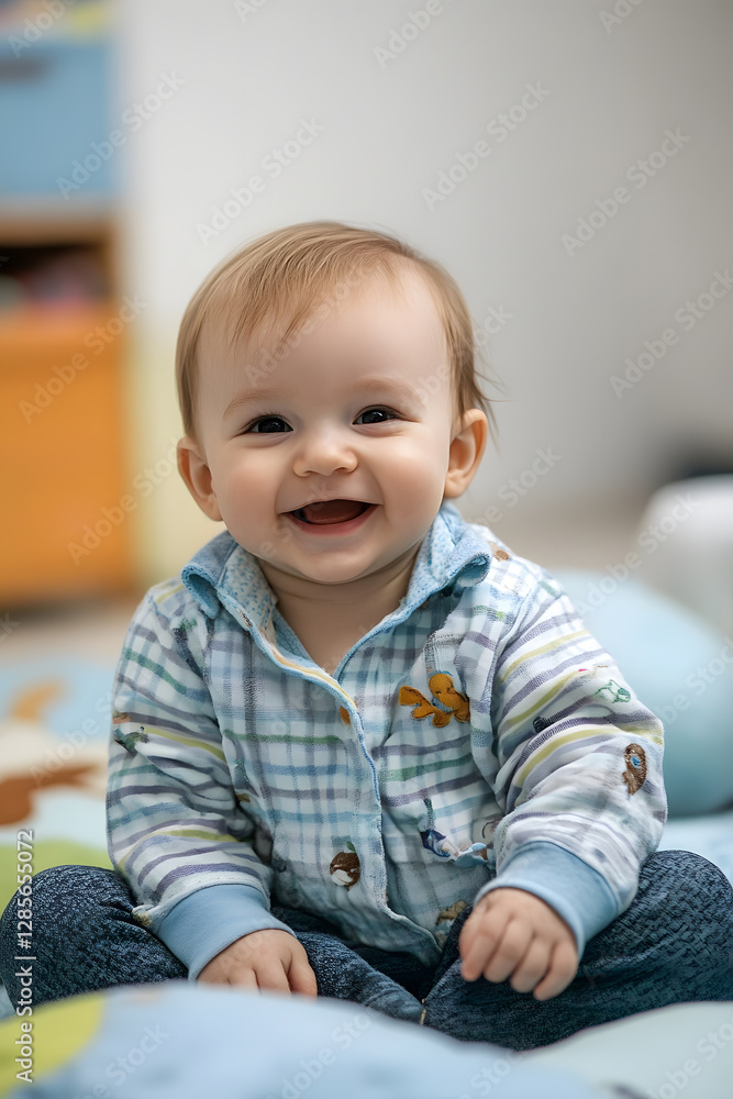 Adorable Laughing Baby in Blue Plaid Shirt Sitting on Colorful Blanket : Generative AI Adorable Laughing Baby in Blue Plaid Shirt Sitting on Colorful Blanket : Generative AI