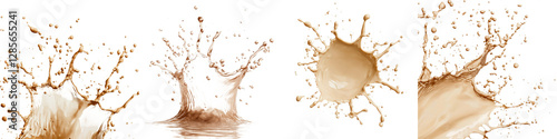 Close up dynamic image of a brown liquid splash or eruption against a clean white background representing the vibrant energy and creative design potential of various beverages such as coffee tea