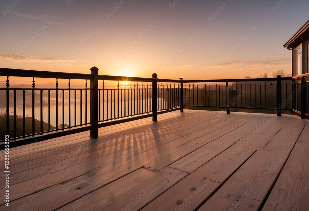 Obraz premium A wooden deck with a metal railing overlooking a sunset. The railing casts long shadows on the deck, creating a warm and peaceful atmosphere.