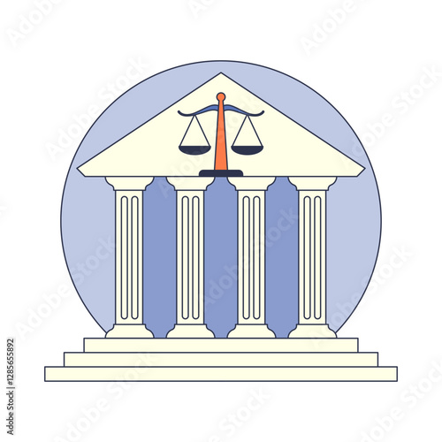 Illustration of a courthouse with balance scales symbolizing justice.