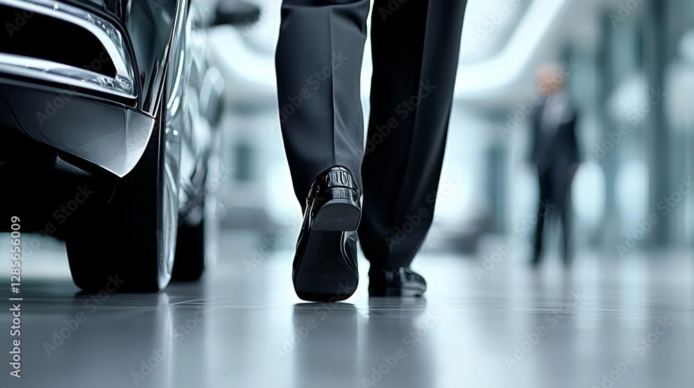 Fototapeta premium A man in a suit and tie walking towards a car