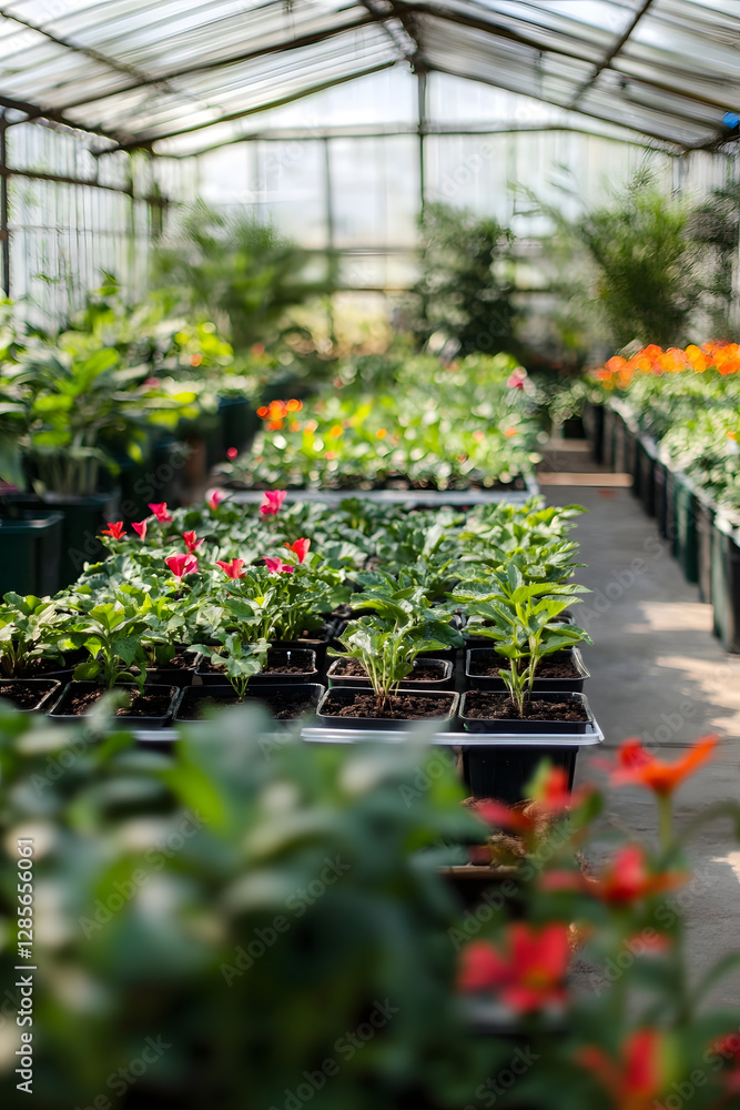 Vibrant Flowering Plants in Greenhouse Nursery with Soft Lighting : Generative AI Vibrant Flowering Plants in Greenhouse Nursery with Soft Lighting : Generative AI