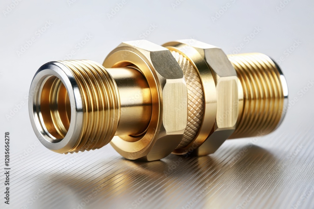 Close-up of a gleaming brass compression fitting, showcasing intricate threaded details and a polished metallic surface Close-up of a gleaming brass compression fitting, showcasing intricate threaded details and a polished metallic surface