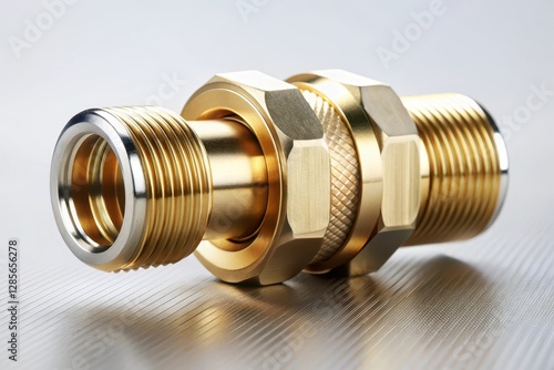 Close-up of a gleaming brass compression fitting, showcasing intricate threaded details and a polished metallic surface