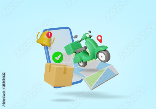 3D vector illustration rendering of smartphone icon, map, cargo scooter, parcel box, notification and GPS location. Digital transportation concept, smart logistics, online delivery service.