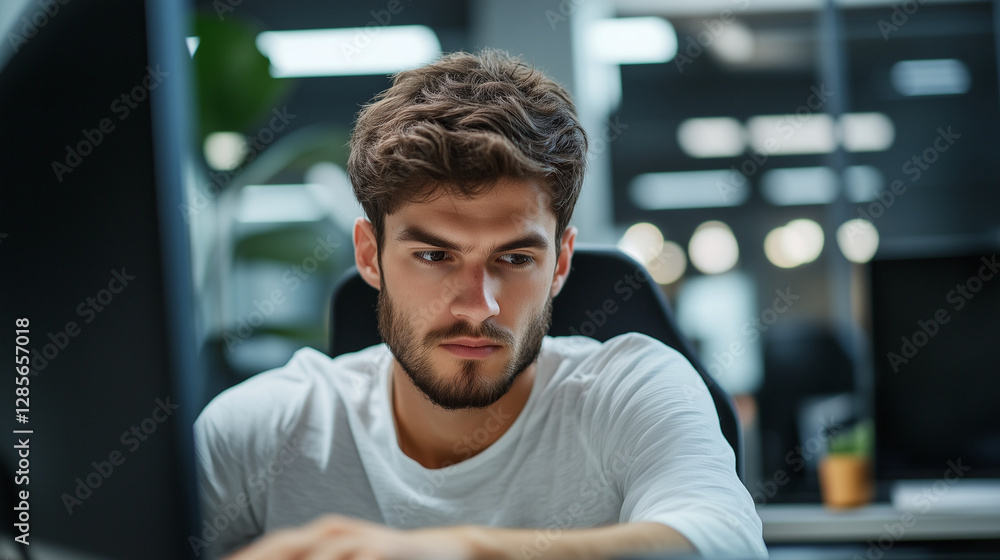Obraz premium Young professional working intently on desktop computer within contemporary, well-lit workspace