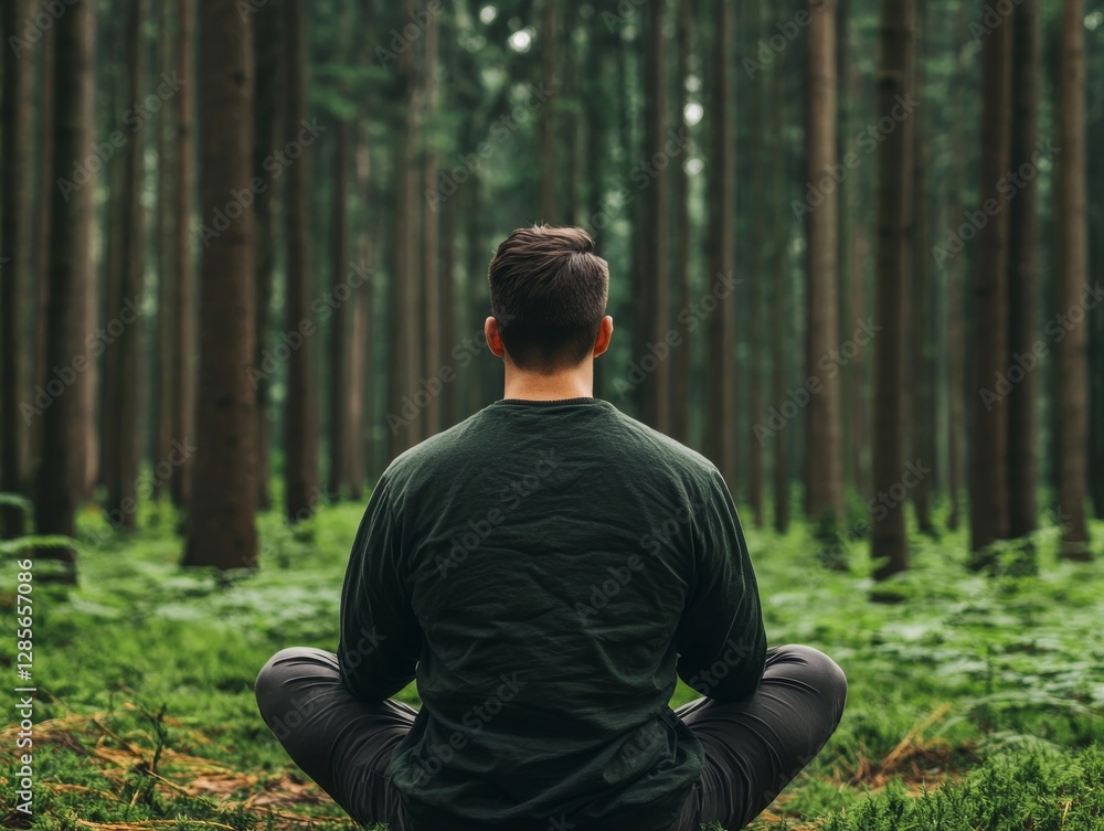 A serene figure meditates in a lush, green forest, surrounded by towering trees, embodying peace and tranquility in nature. A serene figure meditates in a lush, green forest, surrounded by towering trees, embodying peace and tranquility in nature.