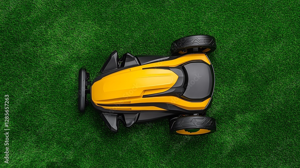 Fototapeta premium Yellow Robotic Lawn Mower on Lush Green Grass AI Generated