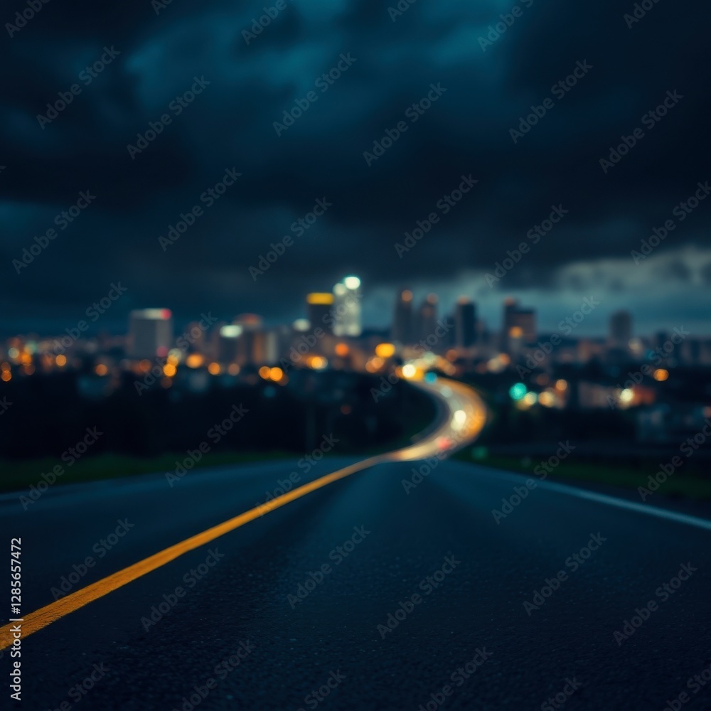 City Lights View From Road at Night with Dark Moody Sky City Lights View From Road at Night with Dark Moody Sky