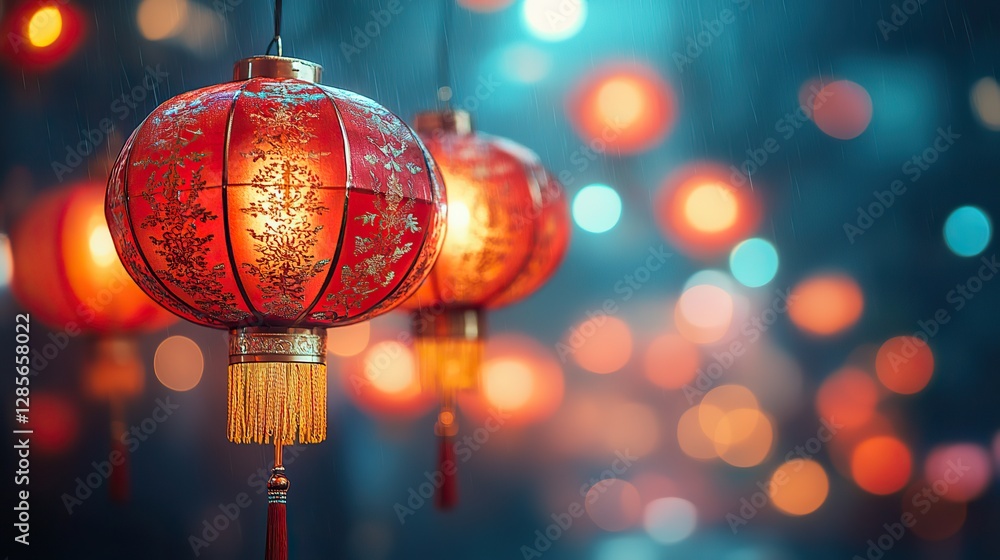 Red and gold Chinese lanterns hang gracefully, symbolizing prosperity and joy during Lunar New Year celebrations Their intricate designs add a festive touch to any setting Red and gold Chinese lanterns hang gracefully, symbolizing prosperity and joy during Lunar New Year celebrations Their intricate designs add a festive touch to any setting