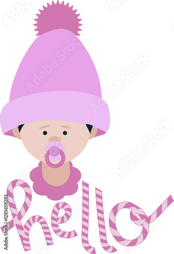 Texte "hello" avec bébé fille à la peau claire avec un bonnet rose et une tétine