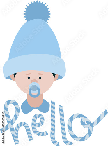 Texte "hello" avec bébé garçon à la peau claire avec un bonnet bleu et une tétine