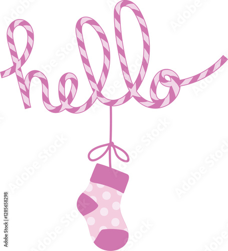 Texte "hello" rose avec chaussette suspendue