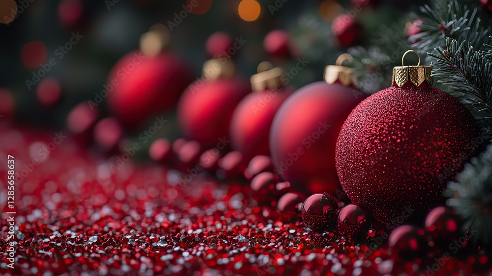 Red baubles and gift boxes against a red backdrop announce the coming winter holidays. Red baubles and gift boxes against a red backdrop announce the coming winter holidays.