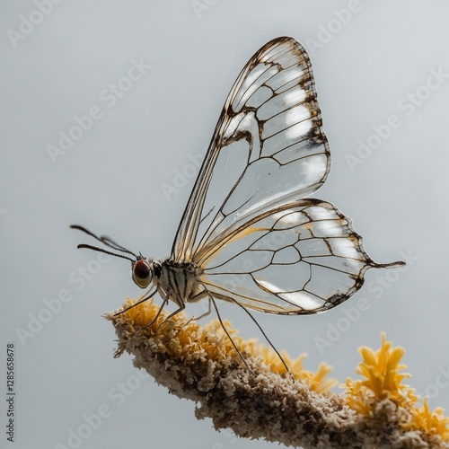A glass-winged butterfly perched on a bird’s beak, with a white background. photo