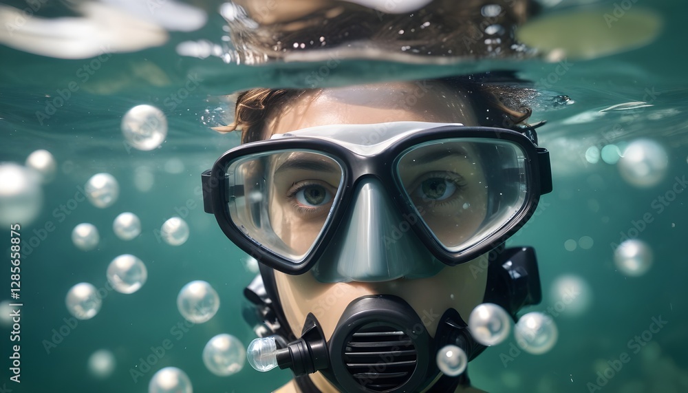 A face wearing a diving mask underwater, with bubbles and a blurred greenish background A face wearing a diving mask underwater, with bubbles and a blurred greenish background