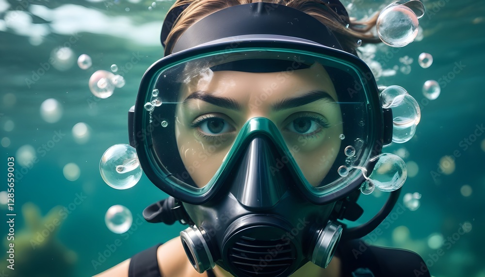 A face wearing a diving mask underwater, with bubbles and a blurred greenish background A face wearing a diving mask underwater, with bubbles and a blurred greenish background
