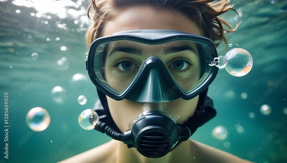 A face wearing a diving mask underwater, with bubbles and a blurred greenish background A face wearing a diving mask underwater, with bubbles and a blurred greenish background