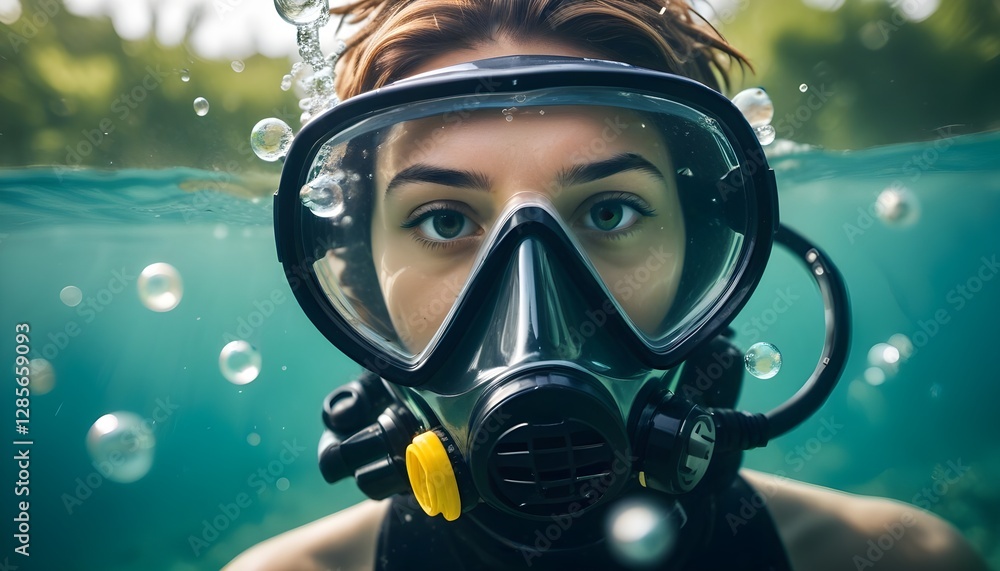 A face wearing a diving mask underwater, with bubbles and a blurred greenish background A face wearing a diving mask underwater, with bubbles and a blurred greenish background
