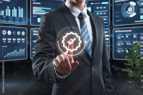 Business professional presenting a glowing digital certificate shield, symbolizing trust, legal security, quality assurance, and compliance in a futuristic corporate environment.