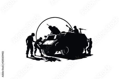 Army Mechanics Repairing Battle-Damaged Armored Vehicle - Vector Illustration"
