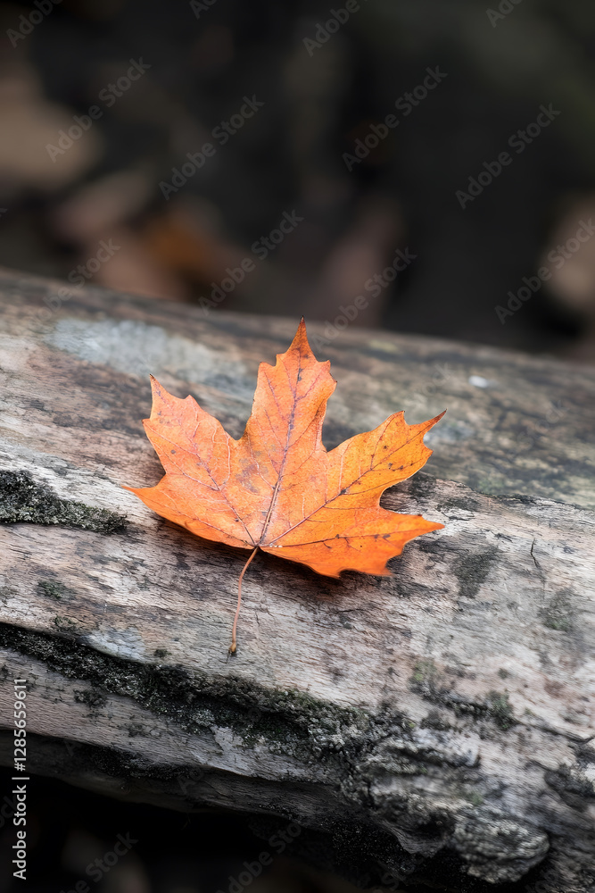 Solitary Orange Maple Leaf on Rustic Wooden Surface in Autumn Forest Setting : Generative AI Solitary Orange Maple Leaf on Rustic Wooden Surface in Autumn Forest Setting : Generative AI