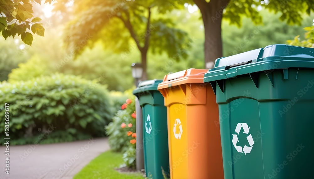 Colorful recycling bins in a garden setting with blurred foliage in the background Colorful recycling bins in a garden setting with blurred foliage in the background