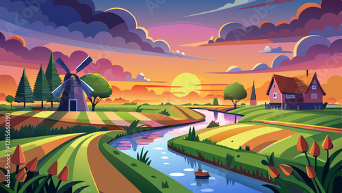 The sun sets over the Dutch polder landscape near Gouda, Holland