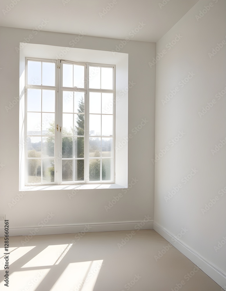 Fototapeta premium A bright, airy room with a large window letting in natural light, casting shadows on the plain white walls