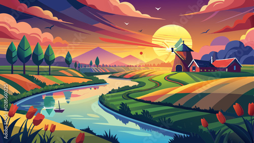 Canvas Print The sun sets over the Dutch polder landscape near Gouda, Holland